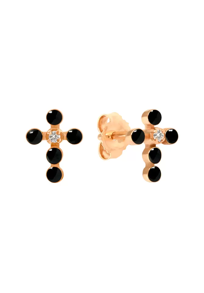 Gigi Clozeau Boucles D'Oreilles Croix Perlée Or Rose Et Résine Noire Discount