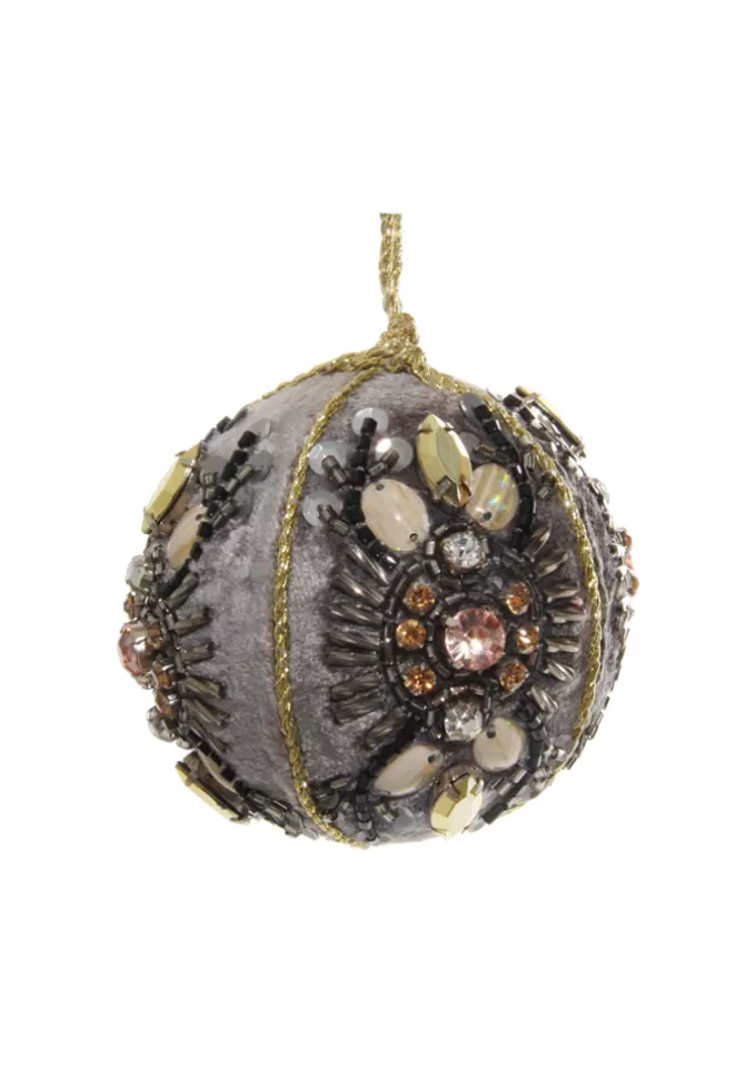 Blush Sélection Décoration Boule De Noël Velours Gris Et Fleurs En Perles New