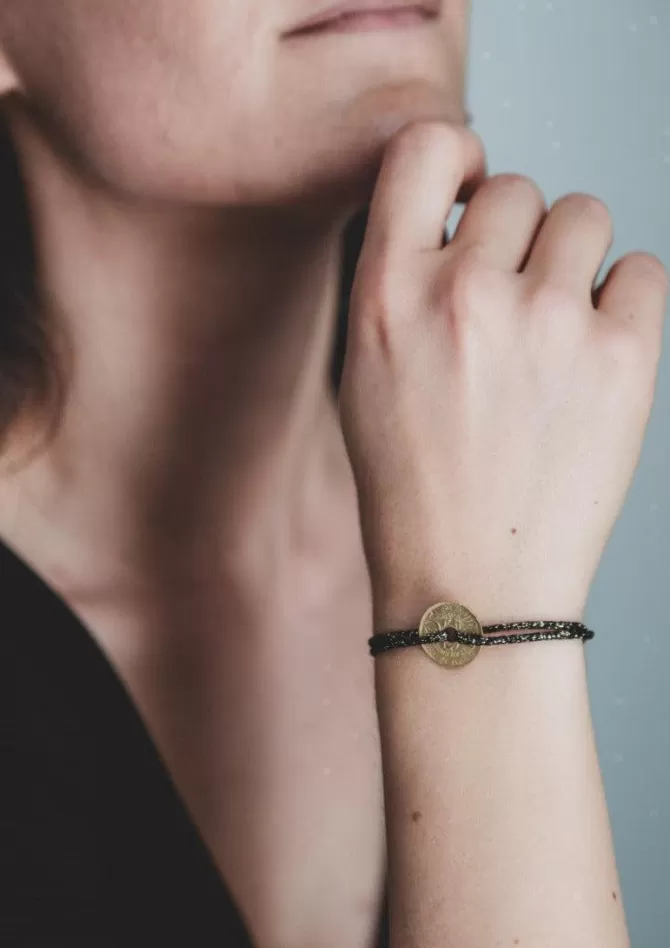 Le Sou Français Bracelet Louvre Pièce 5cts Dorée Lurex Noir Fashion