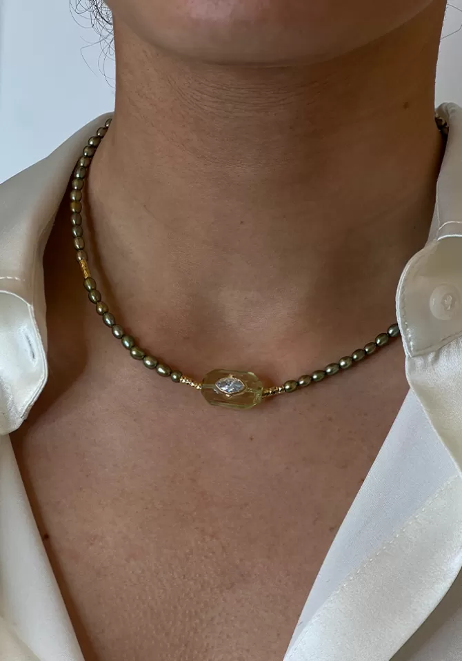 Hanka Ïn Choker Inside Perles Kakis Et Quartz Lemon Sale