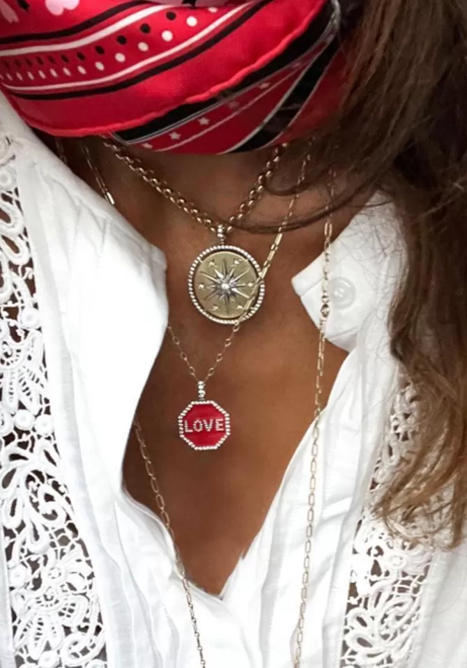 Feidt Médaille Love Email Rouge Et Saphirs Blancs Hot